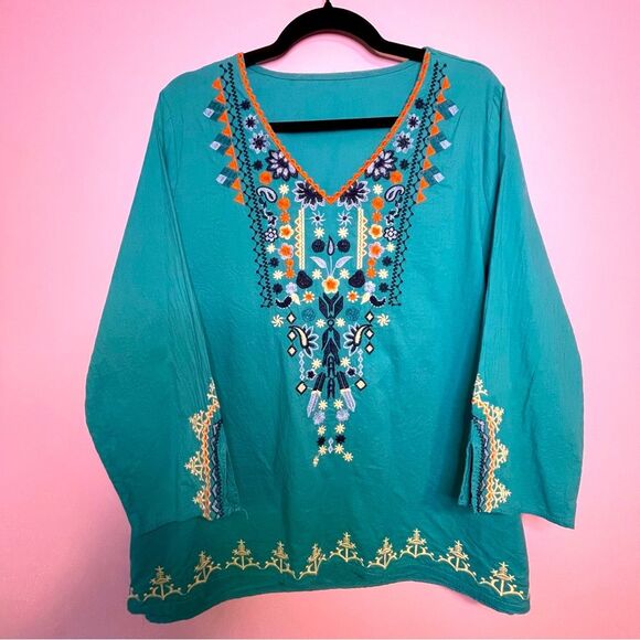 Amazon Tops - Turquoise Blue Blouse XL Cotton Embroidered Tunic Popover Top